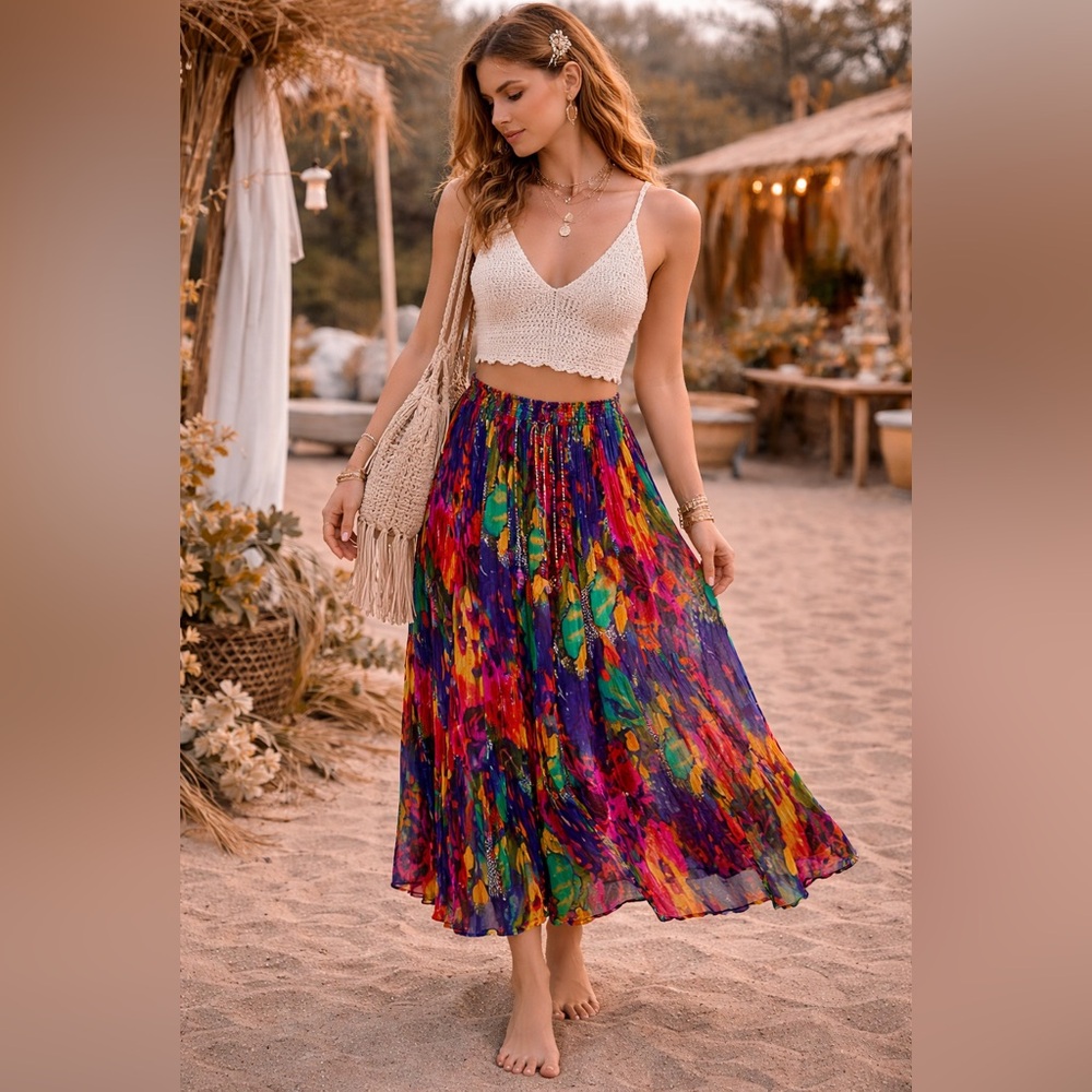 VNTG Cotton Colorful Floral Lightweight Hippie Long Skirt bohemian beach‎ sz M